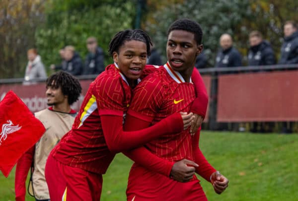 KIRKBY, ENGLAND - Tuesday, November 5, 2024: Liverpool's Keyrol Figueroa (R) celebrates with team-mate Rio Ngumoha after scoring the third goal during the UEFA Youth League game between Liverpool FC Under-19's and Bayer Leverkusen Under-19's at the Liverpool Academy. (Photo by David Rawcliffe/Propaganda)