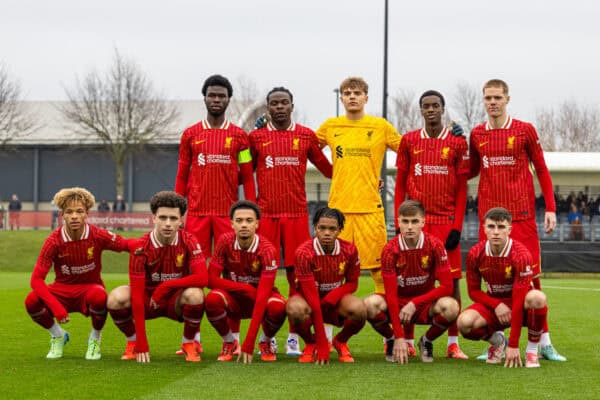 KIRKBY, ENGLAND - Tuesday, November 5, 2024: Liverpool players line-up for a team group photograph before the UEFA Youth League game between Liverpool FC Under-19's and Bayer Leverkusen Under-19's at the Liverpool Academy. Back row L-R: Amara Nallo, Lucky Wellity, Kornel Misciur, Trey Nyoni, Carter Pinnington. Front row L-R: Kieran Morrison, Trent Kone-Doherty, Kieran Morrison, Ranel Young, Rio Ngumoha, Josh Davidson, Michael Laffey. (Photo by David Rawcliffe/Propaganda)