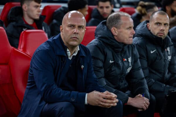 LIVERPOOL, ENGLAND - Saturday, November 9, 2024: Liverpool's head coach Arne Slot during the FA Premier League match between Liverpool FC and Aston Villa FC at Anfield. (Photo by David Rawcliffe/Propaganda)