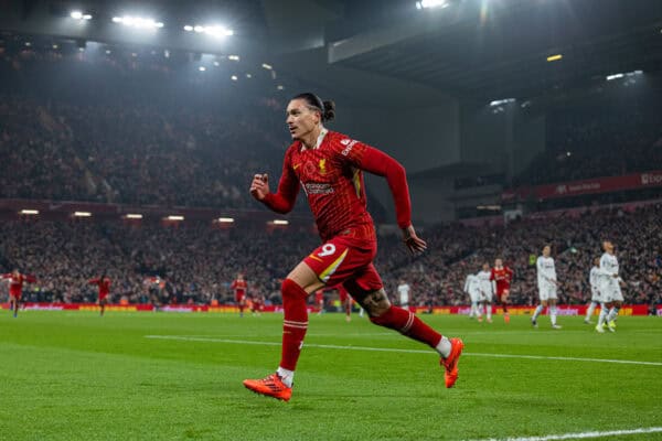 LIVERPOOL, ENGLAND - Saturday, November 9, 2024: Liverpool's Darwin Núñez celebrates after scoring the opening goal during the FA Premier League match between Liverpool FC and Aston Villa FC at Anfield. (Photo by David Rawcliffe/Propaganda)