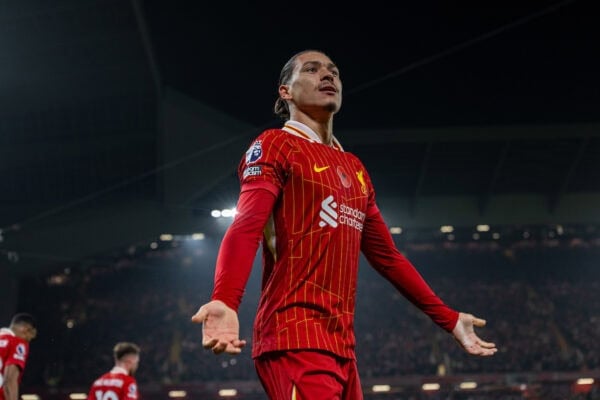 LIVERPOOL, ENGLAND - Saturday, November 9, 2024: Liverpool's Darwin Núñez celebrates after scoring the opening goal during the FA Premier League match between Liverpool FC and Aston Villa FC at Anfield. (Photo by David Rawcliffe/Propaganda)