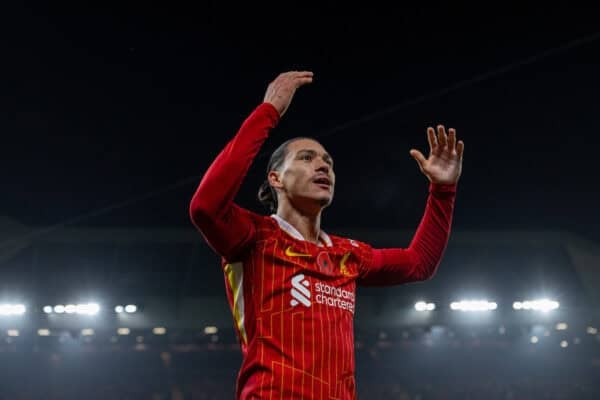 LIVERPOOL, ENGLAND - Saturday, November 9, 2024: Liverpool's Darwin Núñez celebrates after scoring the opening goal during the FA Premier League match between Liverpool FC and Aston Villa FC at Anfield. (Photo by David Rawcliffe/Propaganda)