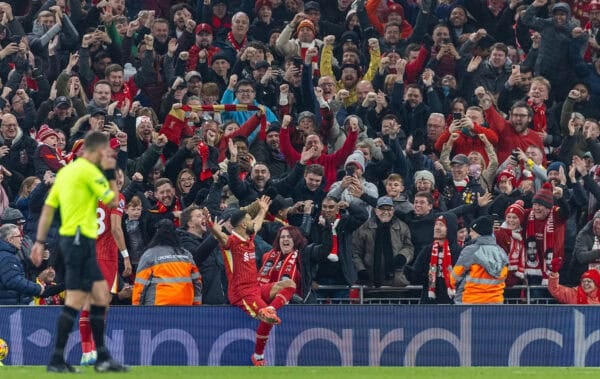 LIVERPOOL, ENGLAND - Saturday, November 9, 2024: Liverpool's Mohamed Salah celebrates after scoring the second goal during the FA Premier League match between Liverpool FC and Aston Villa FC at Anfield. (Photo by David Rawcliffe/Propaganda)