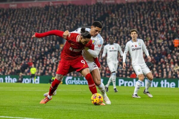 LIVERPOOL, ENGLAND - Saturday, November 9, 2024: Liverpool's Darwin Núñez is brought down by Aston Villa's Diego Carlos but no penalty was awarded during the FA Premier League match between Liverpool FC and Aston Villa FC at Anfield. (Photo by David Rawcliffe/Propaganda)