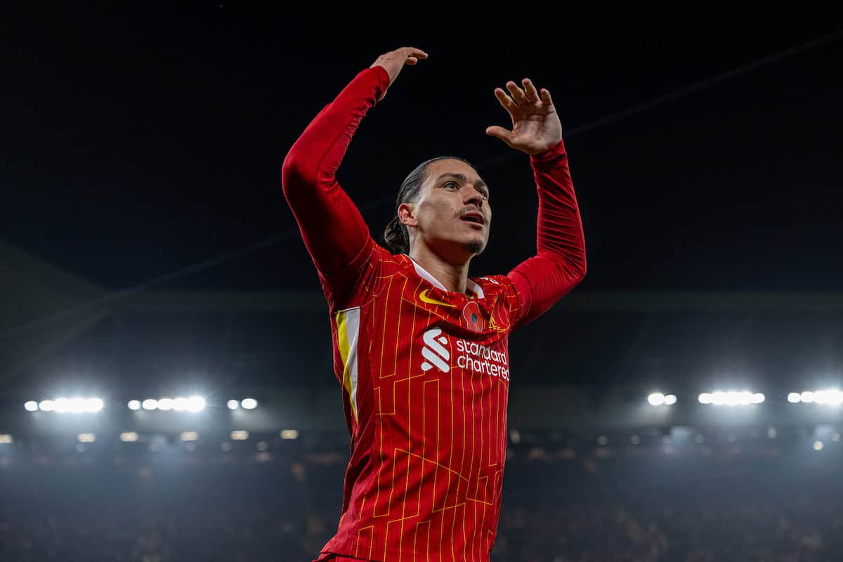 LIVERPOOL, ENGLAND - Saturday, November 9, 2024: Liverpool's Darwin Núñez celebrates after scoring the opening goal during the FA Premier League match between Liverpool FC and Aston Villa FC at Anfield. Liverpool won 2-0. (Photo by David Rawcliffe/Propaganda)