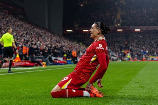 LIVERPOOL, ENGLAND - Saturday, November 9, 2024: Liverpool's Darwin Núñez celebrates after scoring the first goal during the FA Premier League match between Liverpool FC and Aston Villa FC at Anfield. (Photo by David Rawcliffe/Propaganda)