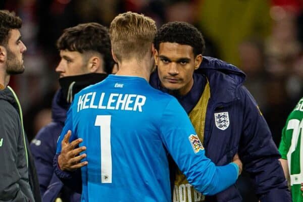 LONDON, ENGLAND - Sunday, November 17, 2024: Republic of Ireland's goalkeeper Caoimhin Kelleher (L) embraces Liverpool team-mate England's Jarell Quansah after the UEFA Nations League League B Group B2 game between England and Republic of Ireland at Wembley Stadium. (Photo by David Rawcliffe/Propaganda)