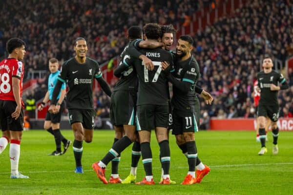 SOUTHAMPTON, ENGLAND - Sunday, November 24, 2024: Liverpool's Dominik Szoboszlai (2nd from R) celebrates with team-mates after scoring the first goal during the FA Premier League match between Southampton FC and Liverpool FC at St Mary's Stadium. (Photo by David Rawcliffe/Propaganda)