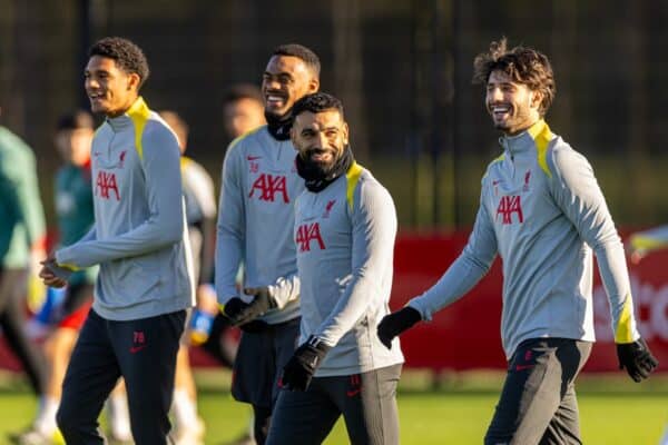 LIVERPOOL, ENGLAND - Tuesday, November 26, 2024: Liverpool's (L-R) Jarell Quansah, Ryan Gravenberch, Mohamed Salah and Dominik Szoboszlai during a training session at the AXA Training Centre ahead of the UEFA Champions League match between Liverpool FC and Real Madrid CF. (Photo by David Rawcliffe/Propaganda)