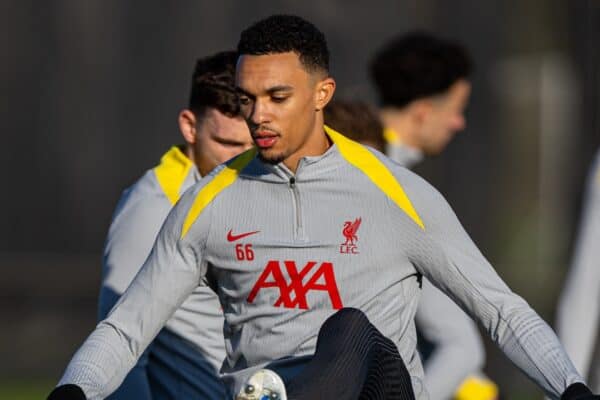 LIVERPOOL, ENGLAND - Tuesday, November 26, 2024: Liverpool's Trent Alexander-Arnold during a training session at the AXA Training Centre ahead of the UEFA Champions League match between Liverpool FC and Real Madrid CF. (Photo by David Rawcliffe/Propaganda)