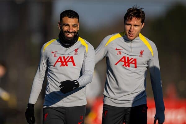 LIVERPOOL, ENGLAND - Tuesday, November 26, 2024: Liverpool's Mohamed Salah (L) and Federico Chiesa during a training session at the AXA Training Centre ahead of the UEFA Champions League match between Liverpool FC and Real Madrid CF. (Photo by David Rawcliffe/Propaganda)