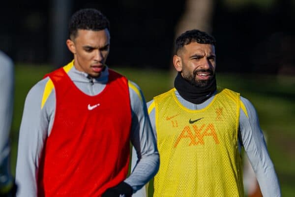 LIVERPOOL, ENGLAND - Tuesday, November 26, 2024: Liverpool's Mohamed Salah (R) and Trent Alexander-Arnold during a training session at the AXA Training Centre ahead of the UEFA Champions League match between Liverpool FC and Real Madrid CF. (Photo by David Rawcliffe/Propaganda)