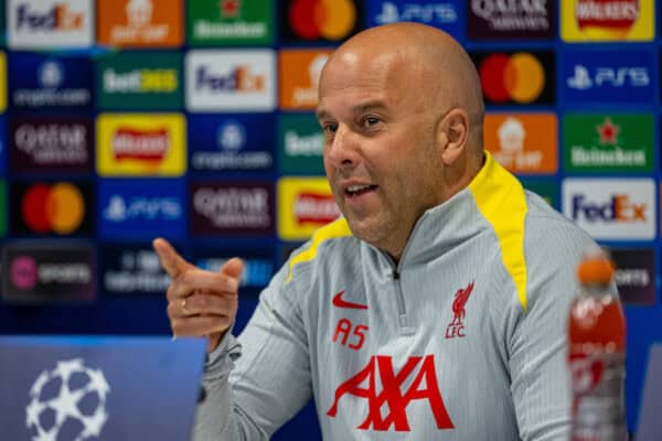 LIVERPOOL, ENGLAND - Tuesday, November 26, 2024: Liverpool's head coach Arne Slot during a press conference at Anfield ahead of the UEFA Champions League game between Liverpool FC and Real Madrid CF. (Photo by David Rawcliffe/Propaganda)