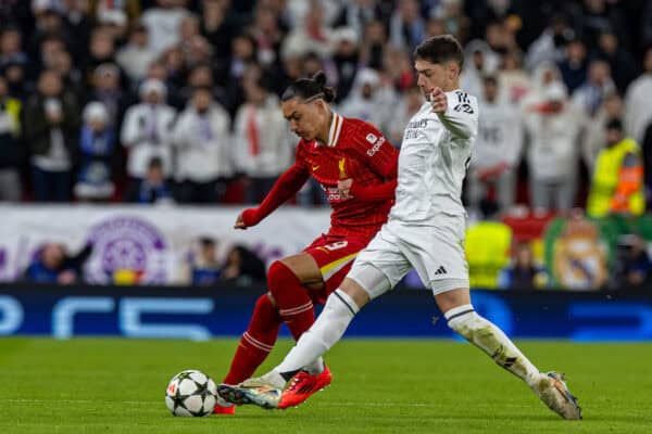 LIVERPOOL, ENGLAND - Wednesday, November 27, 2024: Liverpool's Darwin Núñez during the UEFA Champions League game between Liverpool FC and Real Madrid CF at Anfield. (Photo by David Rawcliffe/Propaganda)