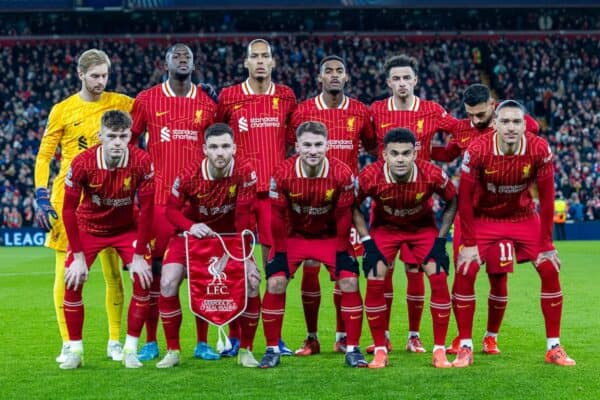 LIVERPOOL, ENGLAND - Wednesday, November 27, 2024: Liverpool players line-up for a team group photograph before the UEFA Champions League game between Liverpool FC and Real Madrid CF at Anfield. (Photo by David Rawcliffe/Propaganda)