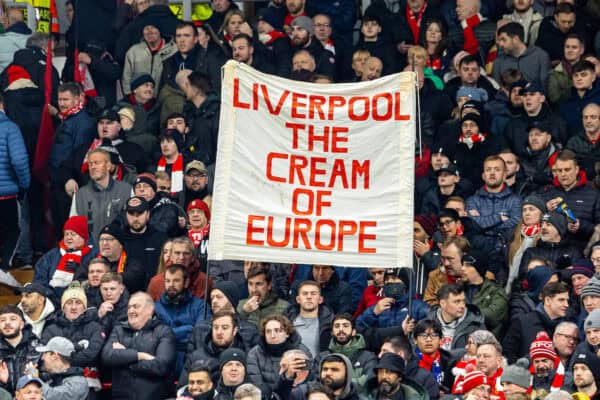 LIVERPOOL, ENGLAND - Wednesday, November 27, 2024: Liverpool supporters' banner "Liverpool the cream of Europe" during the UEFA Champions League game between Liverpool FC and Real Madrid CF at Anfield. (Photo by David Rawcliffe/Propaganda)