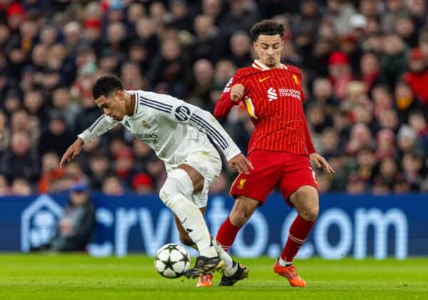 LIVERPOOL, ENGLAND - Wednesday, November 27, 2024: Real Madrid's Jude Bellingham goes to ground with no contact from Liverpool's Curtis Jones during the UEFA Champions League game between Liverpool FC and Real Madrid CF at Anfield. (Photo by David Rawcliffe/Propaganda)