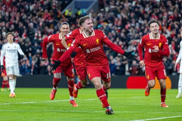 LIVERPOOL, ENGLAND - Wednesday, November 27, 2024: Liverpool's Alexis Mac Allister celebrates after scoring the opening goal during the UEFA Champions League game between Liverpool FC and Real Madrid CF at Anfield. (Photo by David Rawcliffe/Propaganda)