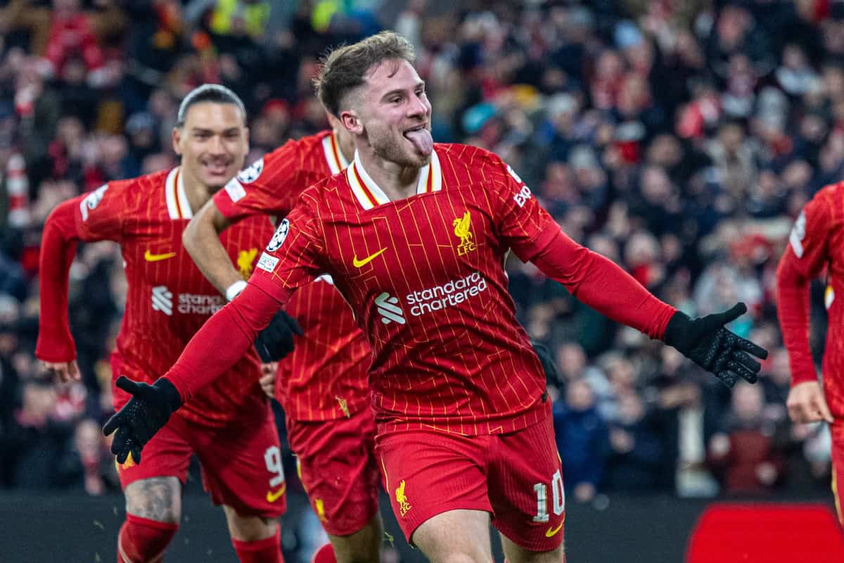 LIVERPOOL, ENGLAND - Wednesday, November 27, 2024: Liverpool's Alexis Mac Allister celebrates after scoring the opening goal during the UEFA Champions League game between Liverpool FC and Real Madrid CF at Anfield. (Photo by David Rawcliffe/Propaganda)