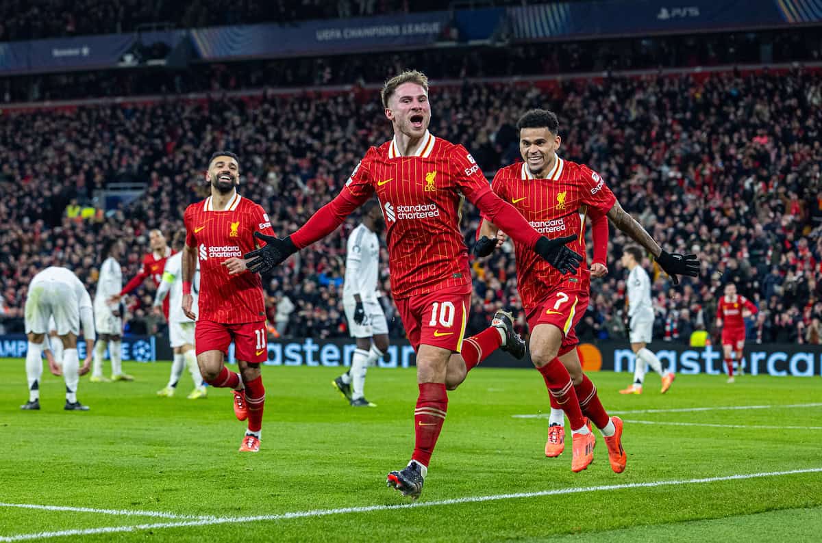 LIVERPOOL, ENGLAND - Wednesday, November 27, 2024: Liverpool's Alexis Mac Allister celebrates after scoring the opening goal during the UEFA Champions League game between Liverpool FC and Real Madrid CF at Anfield. (Photo by David Rawcliffe/Propaganda)