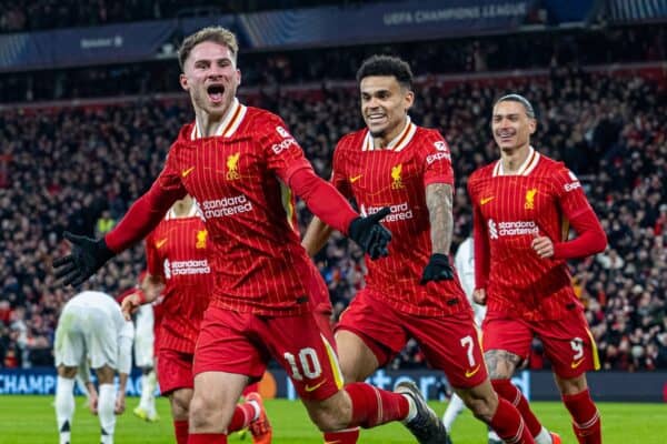 LIVERPOOL, ENGLAND - Wednesday, November 27, 2024: Liverpool's Alexis Mac Allister celebrates after scoring the opening goal during the UEFA Champions League game between Liverpool FC and Real Madrid CF at Anfield. (Photo by David Rawcliffe/Propaganda)