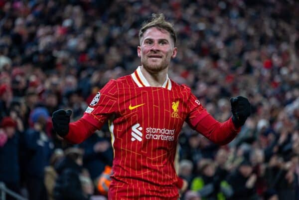 LIVERPOOL, ENGLAND - Wednesday, November 27, 2024: Liverpool's Alexis Mac Allister celebrates after scoring the opening goal during the UEFA Champions League game between Liverpool FC and Real Madrid CF at Anfield. (Photo by David Rawcliffe/Propaganda)