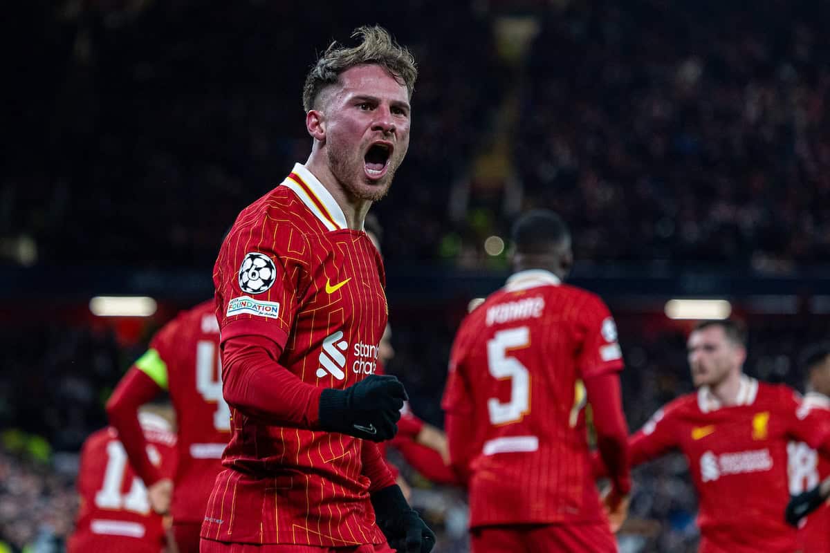 LIVERPOOL, ENGLAND - Wednesday, November 27, 2024: Liverpool's Alexis Mac Allister celebrates after scoring the opening goal during the UEFA Champions League game between Liverpool FC and Real Madrid CF at Anfield. (Photo by David Rawcliffe/Propaganda)