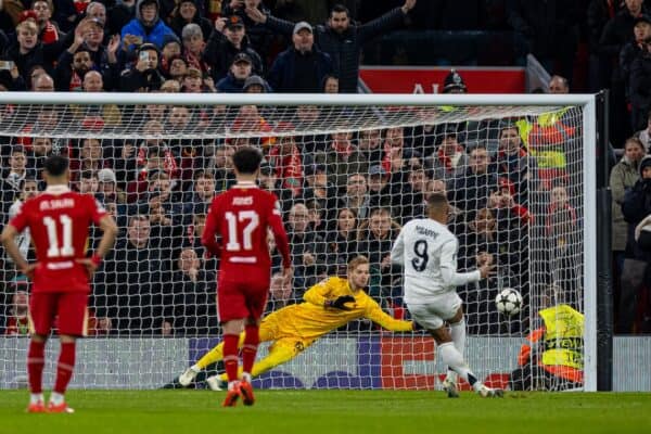 LIVERPOOL, ENGLAND - Wednesday, November 27, 2024: Liverpool's goalkeeper Caoimhin Kelleher saves a penalty from Real Madrid's Kylian Mbappé during the UEFA Champions League game between Liverpool FC and Real Madrid CF at Anfield. (Photo by David Rawcliffe/Propaganda)