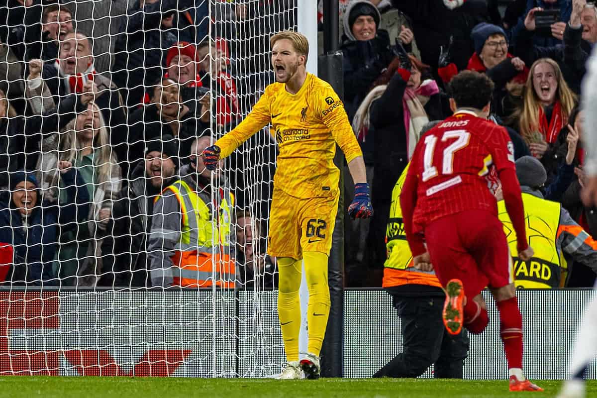 LIVERPOOL, ENGLAND - Wednesday, November 27, 2024: Liverpool's goalkeeper Caoimhin Kelleher celebrates after saving a penalty from Real Madrid's Kylian Mbappé during the UEFA Champions League game between Liverpool FC and Real Madrid CF at Anfield. (Photo by David Rawcliffe/Propaganda)