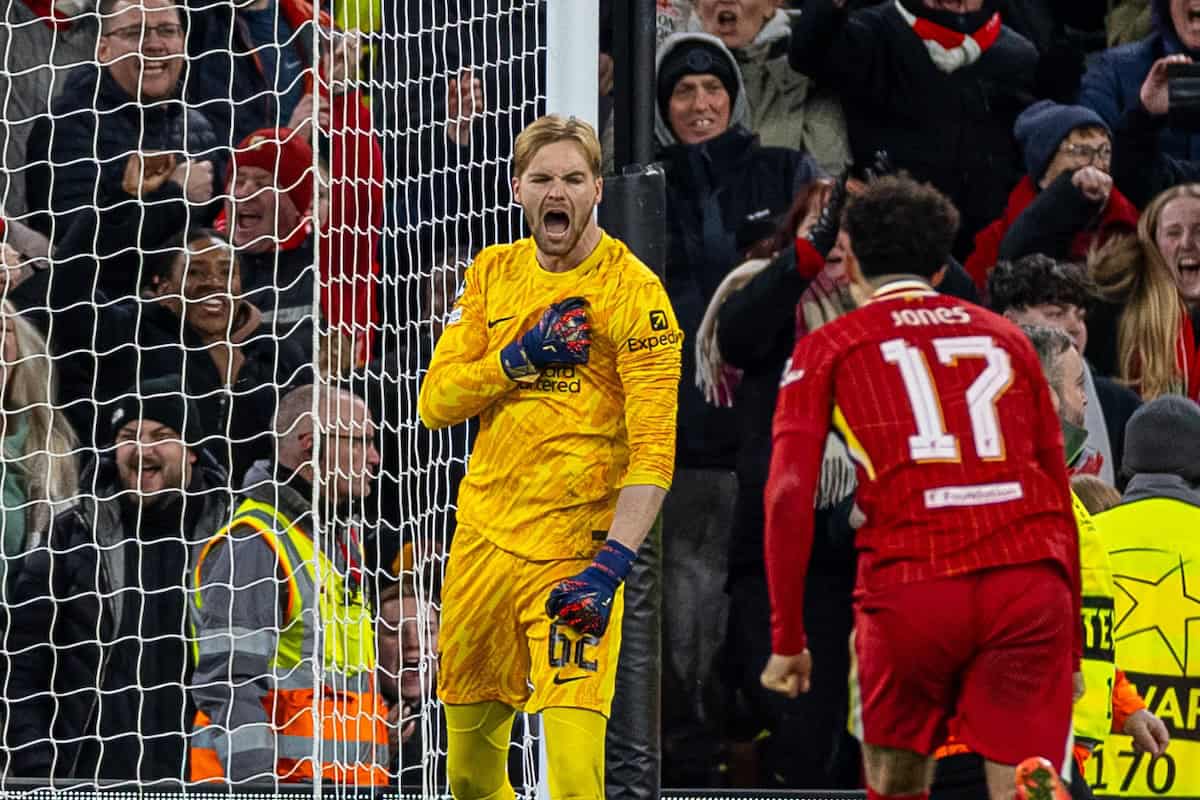 LIVERPOOL, ENGLAND - Wednesday, November 27, 2024: Liverpool's goalkeeper Caoimhin Kelleher celebrates after saving a penalty from Real Madrid's Kylian Mbappé during the UEFA Champions League game between Liverpool FC and Real Madrid CF at Anfield. (Photo by David Rawcliffe/Propaganda)