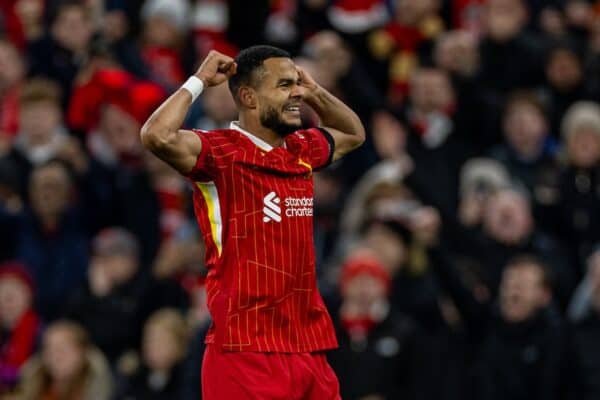 LIVERPOOL, ENGLAND - Wednesday, November 27, 2024: Liverpool's Cody Gakpo celebrates after scoring the second goal during the UEFA Champions League game between Liverpool FC and Real Madrid CF at Anfield. (Photo by David Rawcliffe/Propaganda)