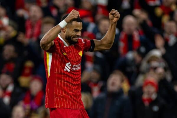 LIVERPOOL, ENGLAND - Wednesday, November 27, 2024: Liverpool's Cody Gakpo celebrates after scoring the second goal during the UEFA Champions League game between Liverpool FC and Real Madrid CF at Anfield. (Photo by David Rawcliffe/Propaganda)