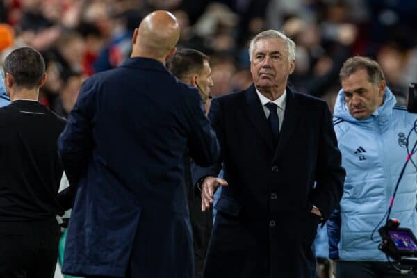 LIVERPOOL, ENGLAND - Wednesday, November 27, 2024: Real Madrid's head coach Carlo Ancelotti (R) shakes hands with Liverpool's Arne Slot after the UEFA Champions League game between Liverpool FC and Real Madrid CF at Anfield. (Photo by David Rawcliffe/Propaganda)