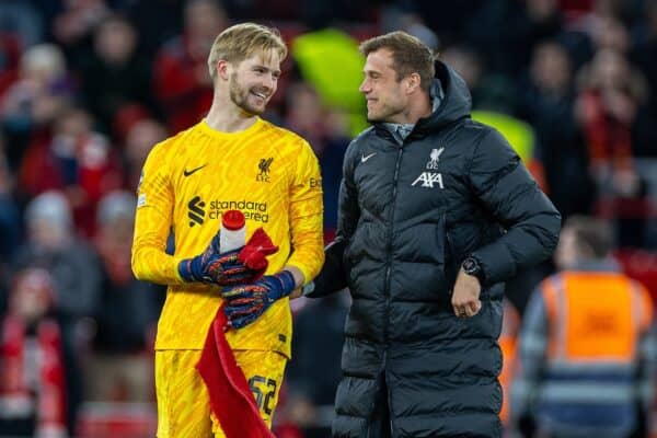 LIVERPOOL, ENGLAND - Wednesday, November 27, 2024: Liverpool's goalkeeper Caoimhin Kelleher after the UEFA Champions League game between Liverpool FC and Real Madrid CF at Anfield. (Photo by David Rawcliffe/Propaganda)