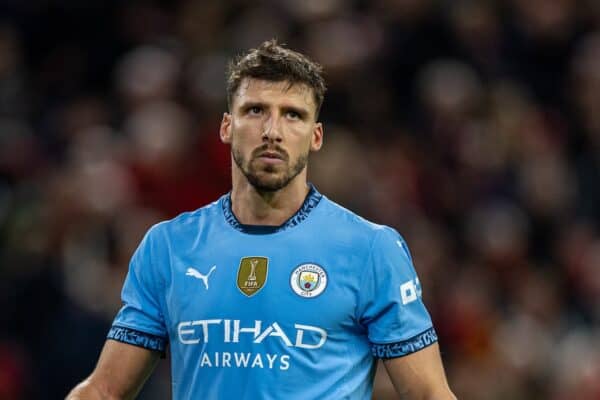 LIVERPOOL, ENGLAND - Sunday, December 1, 2024: Manchester City's Rúben Dias looks dejected during the FA Premier League match between Liverpool FC and Manchester City FC at Anfield. (Photo by David Rawcliffe/Propaganda)