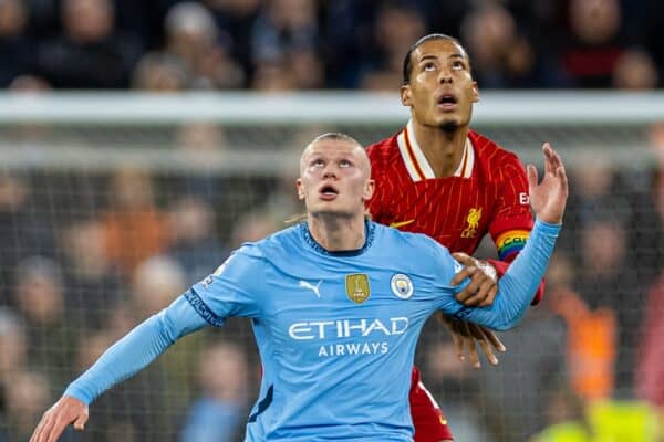 LIVERPOOL, ENGLAND - Sunday, December 1, 2024: Erling Haaland (L) and Liverpool's Ibrahima Konaté during the FA Premier League match between Liverpool FC and Manchester City FC at Anfield. (Photo by David Rawcliffe/Propaganda)