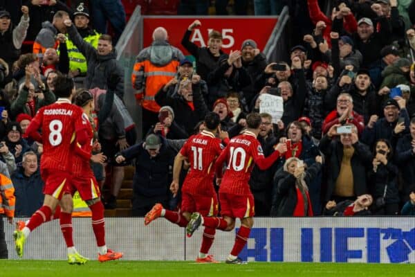 LIVERPOOL, ENGLAND - Sunday, December 1, 2024: Liverpool's Mohamed Salah celebrates after scoring the second goal during the FA Premier League match between Liverpool FC and Manchester City FC at Anfield. (Photo by David Rawcliffe/Propaganda)