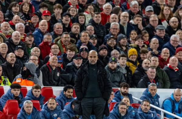 LIVERPOOL, ENGLAND - Sunday, December 1, 2024: Manchester City's manager Josep 'Pep' Guardiola stands as Liverpool supporters sing "You're getting sacked in the morning!" during the FA Premier League match between Liverpool FC and Manchester City FC at Anfield. (Photo by David Rawcliffe/Propaganda)