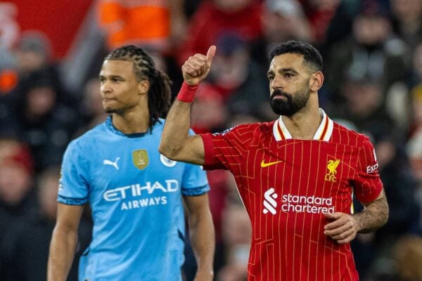 LIVERPOOL, ENGLAND - Sunday, December 1, 2024: Liverpool's Mohamed Salah celebrates after scoring the second goal during the FA Premier League match between Liverpool FC and Manchester City FC at Anfield. (Photo by David Rawcliffe/Propaganda)