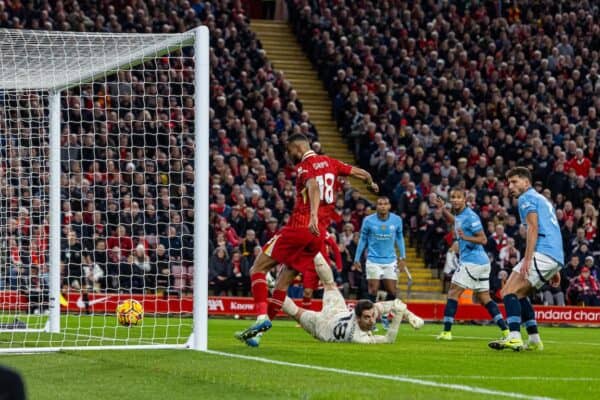 LIVERPOOL, ENGLAND - Sunday, December 1, 2024: Liverpool's Cody Gakpo scores the first goal during the FA Premier League match between Liverpool FC and Manchester City FC at Anfield. (Photo by David Rawcliffe/Propaganda)