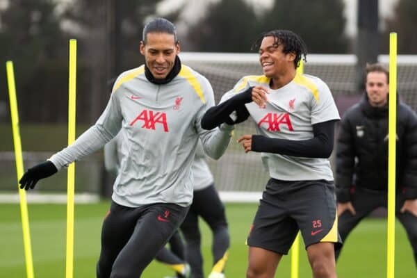 Liverpool, England - Monday, December 9, 2024: Liverpool captain Virgil van Dijk and Rio Ngumoha during a training session at the AXA Training Center ahead of the UEFA Champions League match between Girona FC and Liverpool FC. (Photo credit: Jessica Hornby/Propaganda)