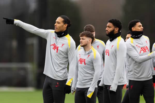 LIVERPOOL, ENGLAND - Monday, December 9, 2024: Liverpool's Virgil van Dijk, Harvey Elliott and Joe Gomez during a training session at the AXA Training Centre ahead of the UEFA Champions League match between Girona FC and Liverpool FC. (Photo by Jessica Hornby/Propaganda)