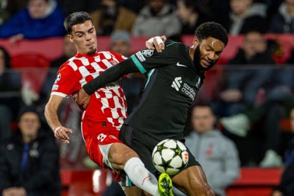 GIRONA, SPAIN - Tuesday, December 10, 2024: Liverpool's Joe Gomez is challenged by Girona's Miguel Gutiérrez (L) during the UEFA Champions League Matchday 6 game between Girona FC and Liverpool FC at the Estadi Montilivi. (Photo by David Rawcliffe/Propaganda)