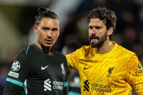 GIRONA, SPAIN - Tuesday, December 10, 2024: Liverpool's Darwin Núñez (L) and goalkeeper Alisson Becker during the UEFA Champions League Matchday 6 game between Girona FC and Liverpool FC at the Estadi Montilivi. (Photo by David Rawcliffe/Propaganda)