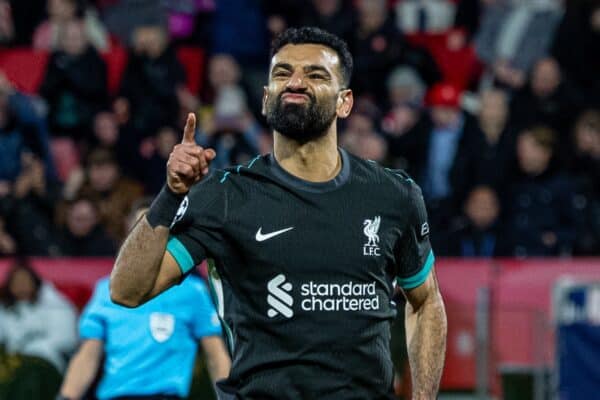 GIRONA, SPAIN - Tuesday, December 10, 2024: Liverpool's Mohamed Salah celebrates after scoring the opening goal from a penalty kick during the UEFA Champions League Matchday 6 game between Girona FC and Liverpool FC at the Estadi Montilivi. (Photo by David Rawcliffe/Propaganda)