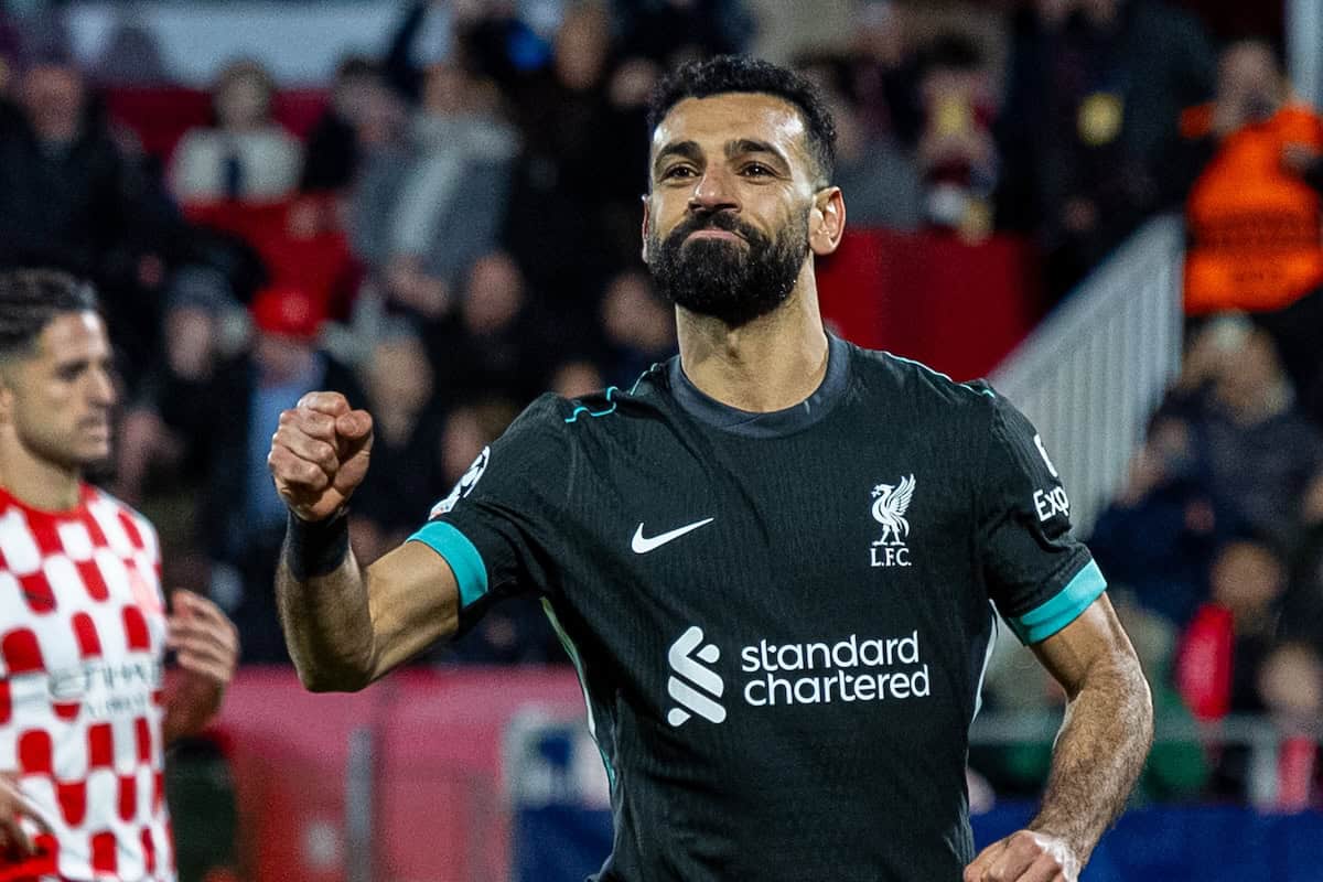 GIRONA, SPAIN - Tuesday, December 10, 2024: Liverpool's Mohamed Salah celebrates after scoring the opening goal from a penalty kick during the UEFA Champions League Matchday 6 game between Girona FC and Liverpool FC at the Estadi Montilivi. (Photo by David Rawcliffe/Propaganda)