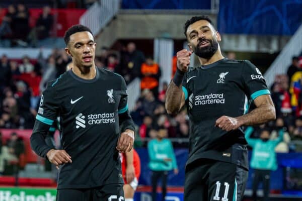 GIRONA, SPAIN - Tuesday, December 10, 2024: Liverpool's Mohamed Salah celebrates after scoring the opening goal from a penalty kick during the UEFA Champions League Matchday 6 game between Girona FC and Liverpool FC at the Estadi Montilivi. (Photo by David Rawcliffe/Propaganda)