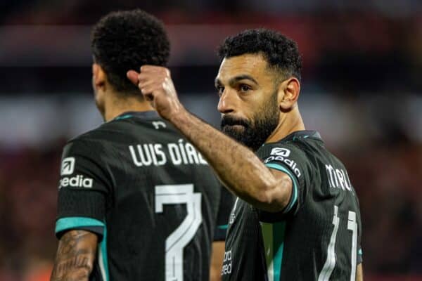 GIRONA, SPAIN - Tuesday, December 10, 2024: Liverpool's Mohamed Salah celebrates after scoring the first goal during the UEFA Champions League Matchday 6 game between Girona FC and Liverpool FC at the Estadi Montilivi. (Photo by David Rawcliffe/Propaganda)