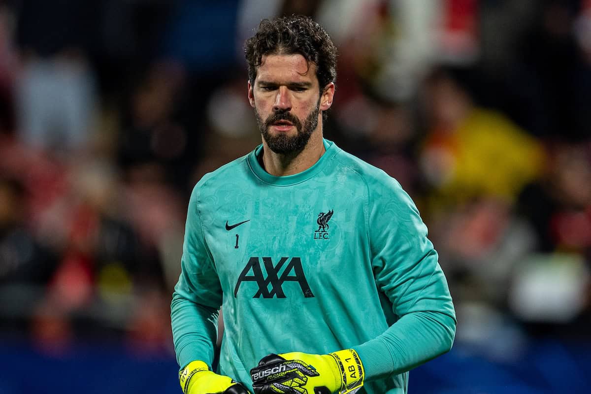 GIRONA, SPAIN - Tuesday, December 10, 2024: Liverpool's goalkeeper Alisson Becker during the pre-match warm-up before the UEFA Champions League Matchday 6 game between Girona FC and Liverpool FC at the Estadi Montilivi. (Photo by David Rawcliffe/Propaganda)