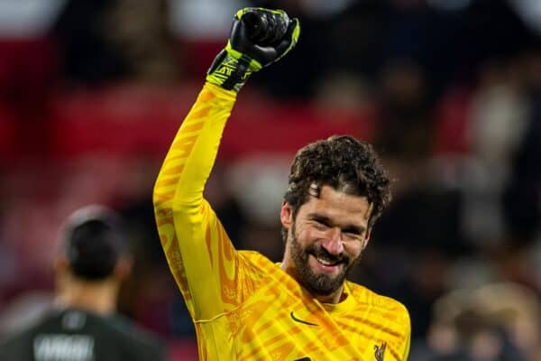 GIRONA, SPAIN - Tuesday, December 10, 2024: Liverpool's goalkeeper Alisson Becker celebrates after during the UEFA Champions League Matchday 6 game between Girona FC and Liverpool FC at the Estadi Montilivi. (Photo by David Rawcliffe/Propaganda)